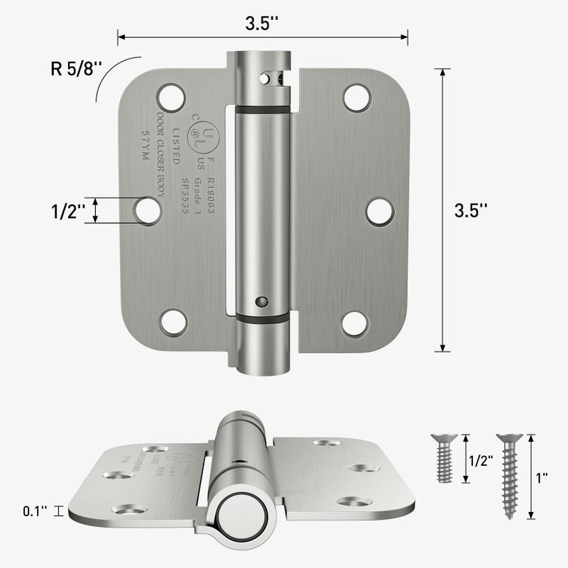 Hosom Self Closing Door Hinge 3.5 Inch Spring Hinge Adjustable Tension For Interior Door Ul Listed For Left And Right Hand Door 5/8'' Radius Corners Brushed Nickel 4 Pack - Image 2