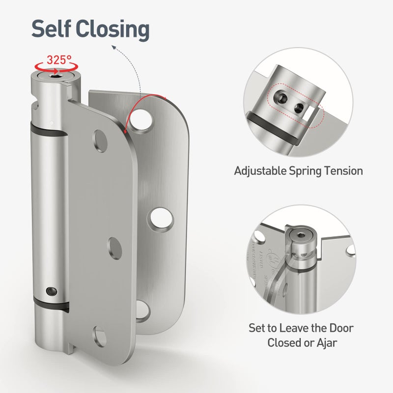 Hosom Self Closing Door Hinge 3.5 Inch Spring Hinge Adjustable Tension For Interior Door Ul Listed For Left And Right Hand Door 5/8'' Radius Corners Brushed Nickel 4 Pack - Image 3