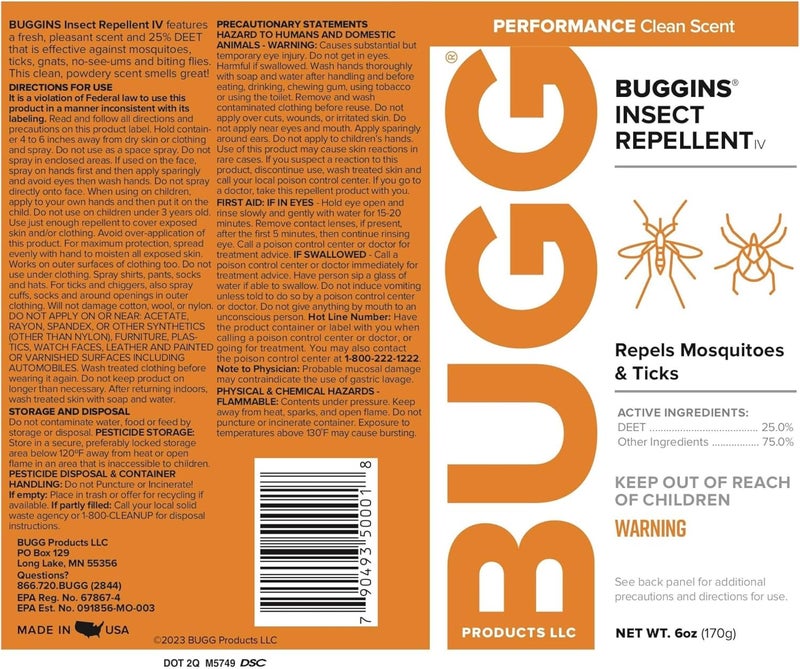 Buggins IV Performance - Insect Repellent - Mosquitoes, Gnats, Ticks, and Biting Flies, 25% DEET, Powdery Scent - 4 oz Pump Spray Bottle - Image 1