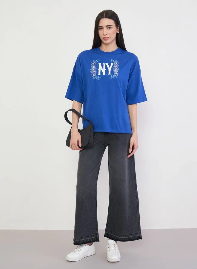 Styli Blue Oversized NY Print T-Shirt with Embroidery