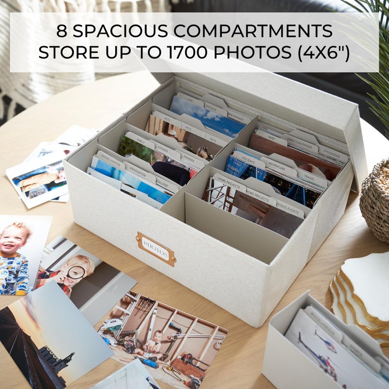 ZICOTO Decorative Photo Storage Box - Sturdy Linen Photo Organizer with Dividers is Perfect to Store Up to 1700 Pictures and 4x6 Photos - Portable Scrapbook Storage Containers with Lid - Image 5