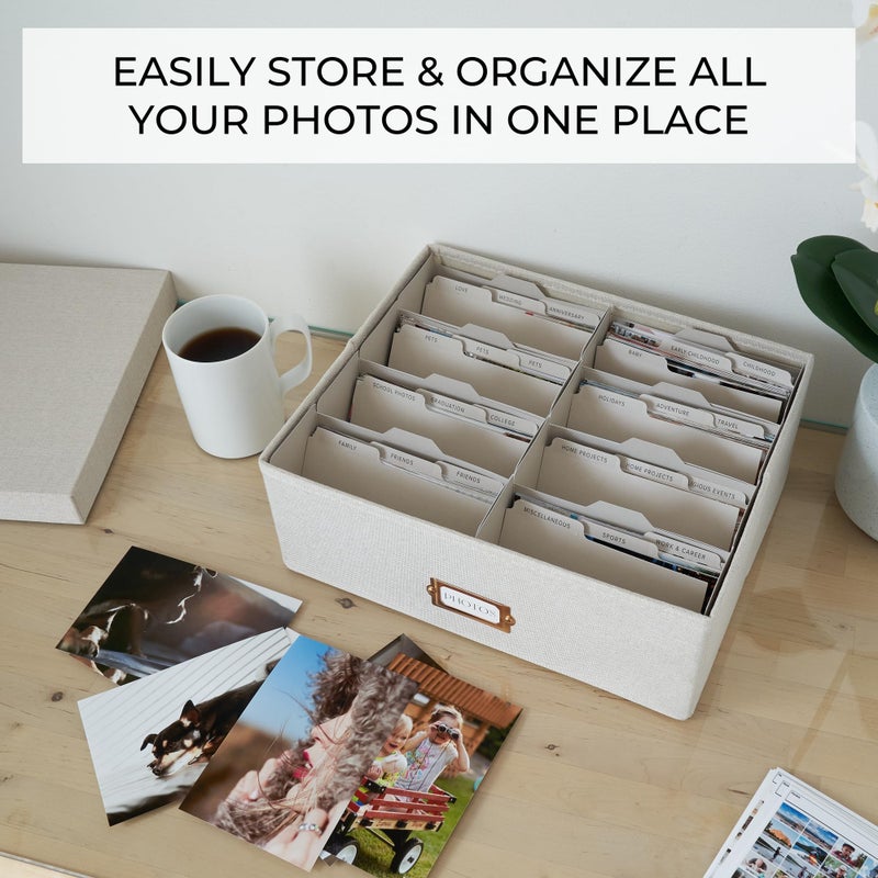 ZICOTO Decorative Photo Storage Box - Sturdy Linen Photo Organizer with Dividers is Perfect to Store Up to 1700 Pictures and 4x6 Photos - Portable Scrapbook Storage Containers with Lid - Image 2