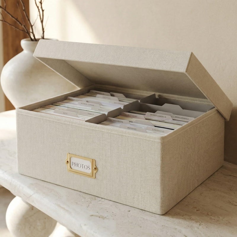 ZICOTO Decorative Photo Storage Box - Sturdy Linen Photo Organizer with Dividers is Perfect to Store Up to 1700 Pictures and 4x6 Photos - Portable Scrapbook Storage Containers with Lid - Image 1