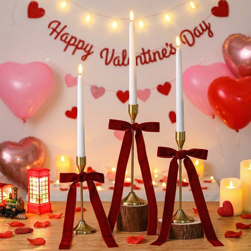 Amyhill 3 Sets Valentines Decoration Red Bow Candle Stick Holders with LED Candle and Velvet Red Bows Metal Gold Valentines Taper Holders Modern Decorative Centerpiece for Table Mantel Wedding - Image 2