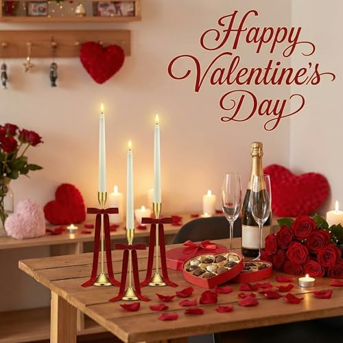 Amyhill 3 Sets Valentines Decoration Red Bow Candle Stick Holders with LED Candle and Velvet Red Bows Metal Gold Valentines Taper Holders Modern Decorative Centerpiece for Table Mantel Wedding - Image 3