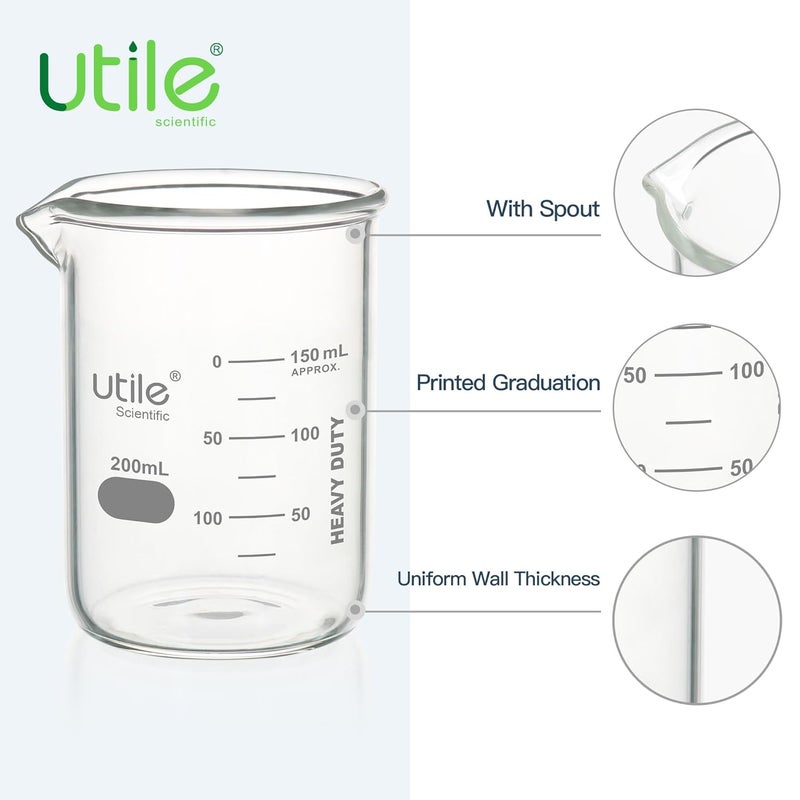 UTILE 200ml Beaker Set, 12pcs of 6.8oz Upgraded Thickening Grass Beakers, Low Form Chemical Lab Beakers, Borosilicate 3.3 Glass with Printed Graduation, 4000.0200.12 - Image 3