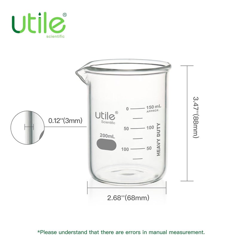 UTILE 200ml Beaker Set, 12pcs of 6.8oz Upgraded Thickening Grass Beakers, Low Form Chemical Lab Beakers, Borosilicate 3.3 Glass with Printed Graduation, 4000.0200.12 - Image 2