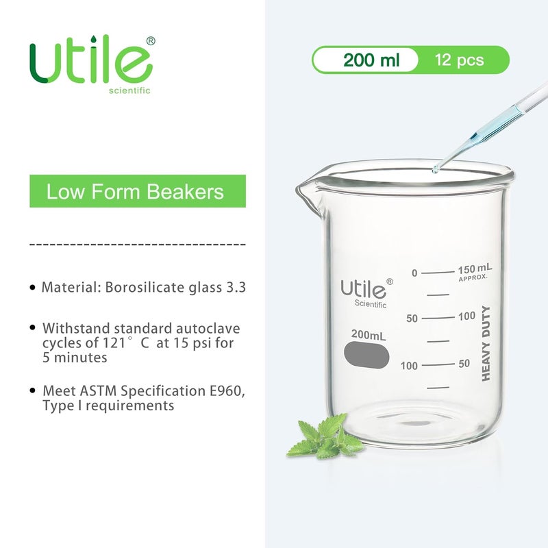 UTILE 200ml Beaker Set, 12pcs of 6.8oz Upgraded Thickening Grass Beakers, Low Form Chemical Lab Beakers, Borosilicate 3.3 Glass with Printed Graduation, 4000.0200.12 - Image 4