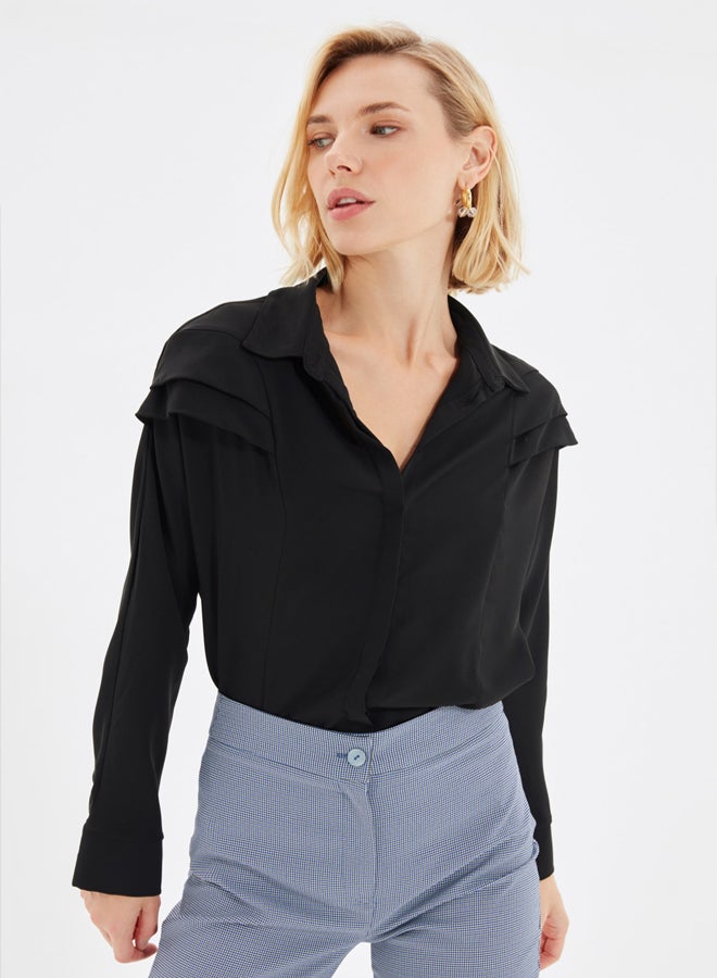 Black Shoulder Flounce Woven Shirt TWOAW22GO0375