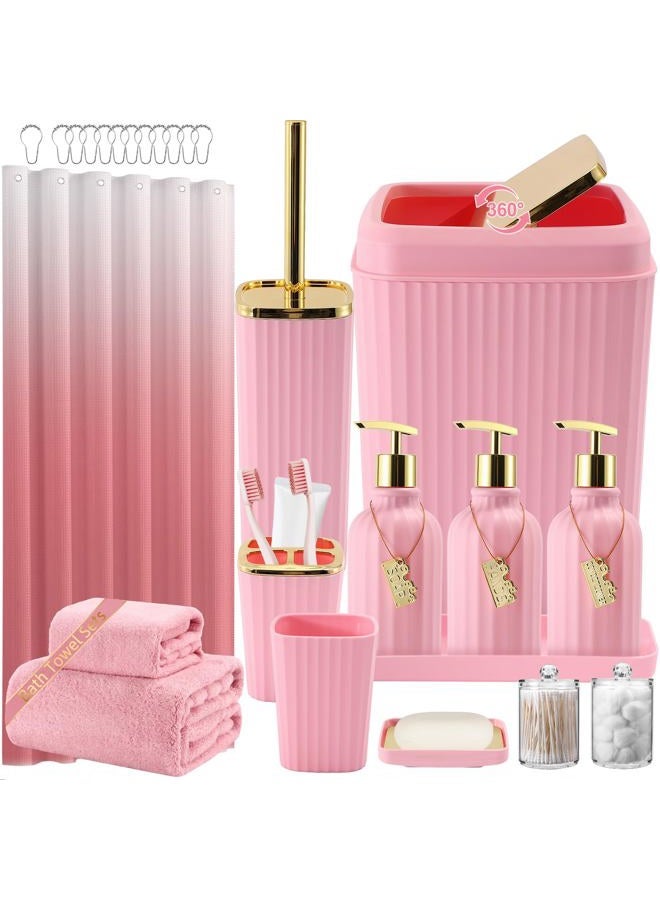 WSBArt 32PCS Bathroom Accessories Set Bathroom Set,Pink Shower Curtain Set,Bath Towel Set,Hand Towel,Toilet Brush,Trash Can & 3PCS Soap Dispenser - Image 1