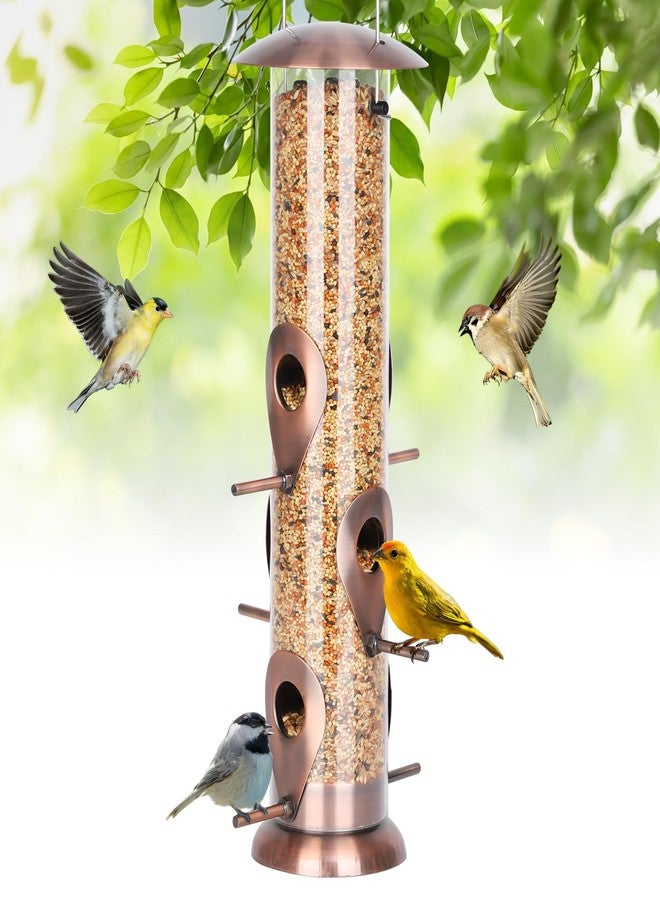 FEED GARDEN وحدة تغذية الطيور المعدنية من FEED GARDEN للتعليق في الهواء الطلق، وحدة تغذية الطيور الأنبوبية ذات 6 منافذ للاستخدام في الخارج، وحدة تغذية العصافير للاستخدام في الخارج، بلمسة نهائية من النحاس المصقول، وحدة تغذية الطيور مع غطاء معدني شديد التحمل، مقاومة للمضغ، عبوة واحدة - Image 1