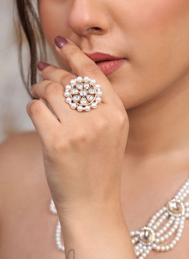 Binnis Wardrobe Gold-Plated Kundan Studded & Pearls Beaded Adjustable Finger Ring - Image 2