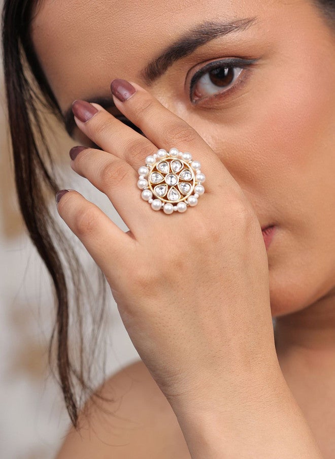 Binnis Wardrobe Gold-Plated Kundan Studded & Pearls Beaded Adjustable Finger Ring - Image 1