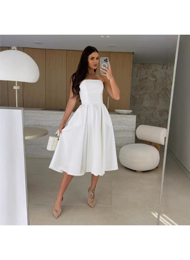 فستان أبيض للنساء في الصيف بلون واحد بتصميم يلف الصدر