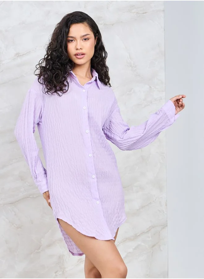 ستايلي Textured Long Sleeve Button Down Nightshirt