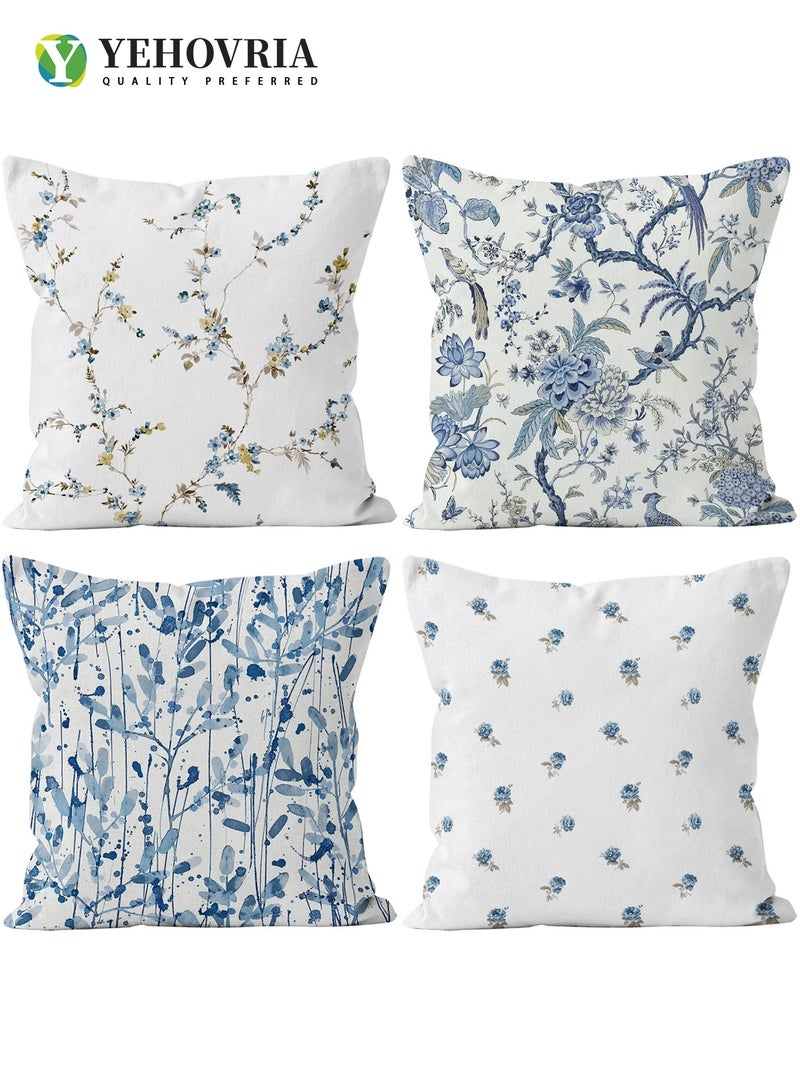 YEHOVRIA Blue Flower Throw Pillow Covers Set of 4 18x18 Inches 45x45 cm Double Sided Pattern Short Plush Cushion Covers Decorative Pillowcases for Living Room Sofa Couch Bed Daily Use - Image 1