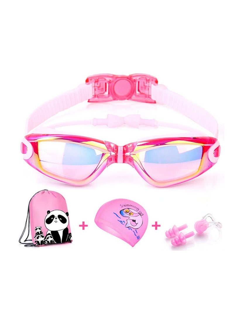 Swim Goggles Set, Kids Swimming Goggles for Boys and Girls Adjustable Straps Silicone Eye Seal Leak proof UV Protection and Anti Fog Lenses Swimming Goggles with Ear Plug Nose Clip (Pink) - Image 1