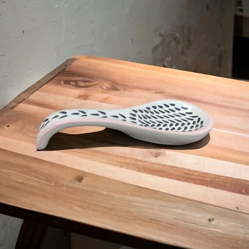 Malaikah Ceramic Spoon Rest Black Leaf and Pink Lining Print Hand-Made, Ideal for Kitchen, Tableware, Cutlery Rest, Pack of 1 - Image 1