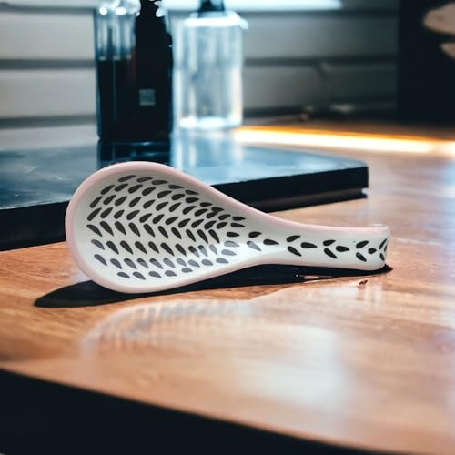 Malaikah Ceramic Spoon Rest Black Leaf and Pink Lining Print Hand-Made, Ideal for Kitchen, Tableware, Cutlery Rest, Pack of 1 - Image 3