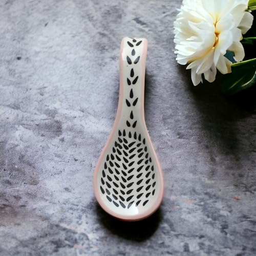Malaikah Ceramic Spoon Rest Black Leaf and Pink Lining Print Hand-Made, Ideal for Kitchen, Tableware, Cutlery Rest, Pack of 1 - Image 4