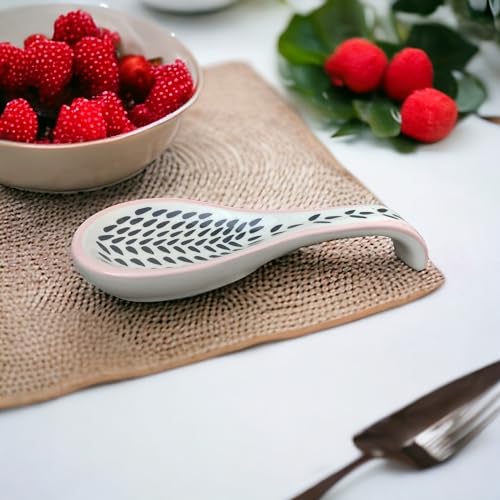 Malaikah Ceramic Spoon Rest Black Leaf and Pink Lining Print Hand-Made, Ideal for Kitchen, Tableware, Cutlery Rest, Pack of 1 - Image 2