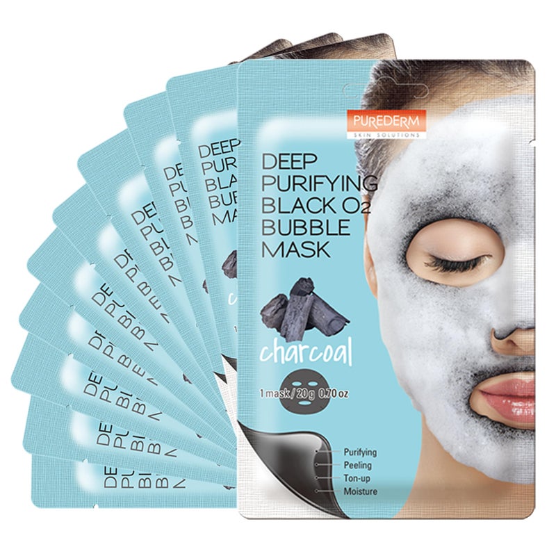 Purederm Deep Purifying Black O2 Bubble Mask Charcoal (10 Pack) â€“ Bubble Face Sheet Mask for Purifying & Brightening - Image 1
