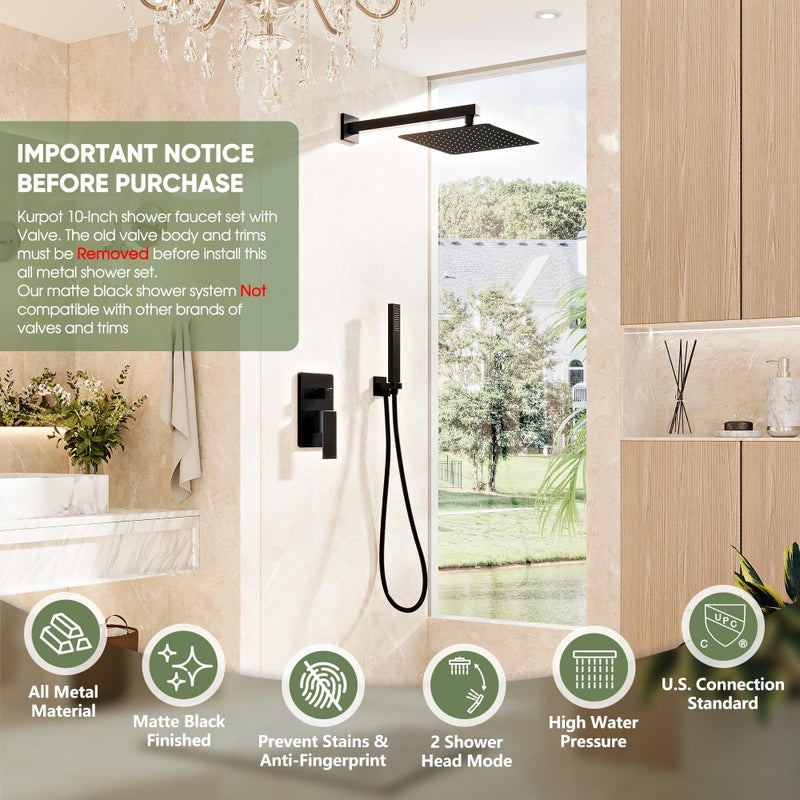 Kurpot Black Shower System, Wall Mounted Shower Faucet Set with Valve, 10-Inch Rainfall Shower Head with Handheld Combo Spray, 59'' Long Shower Hose and Shower Trim Kit, Matte Black - Image 2