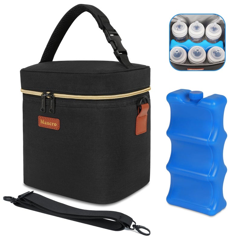 Mancro Breastmilk Cooler Bag with Ice Pack, Fits 6 Baby Bottles Up to 9 Ounce Insulated Bottle Bag, Breast Milk on The go Strap, for Nursing Mom Daycare, Black - Image 1