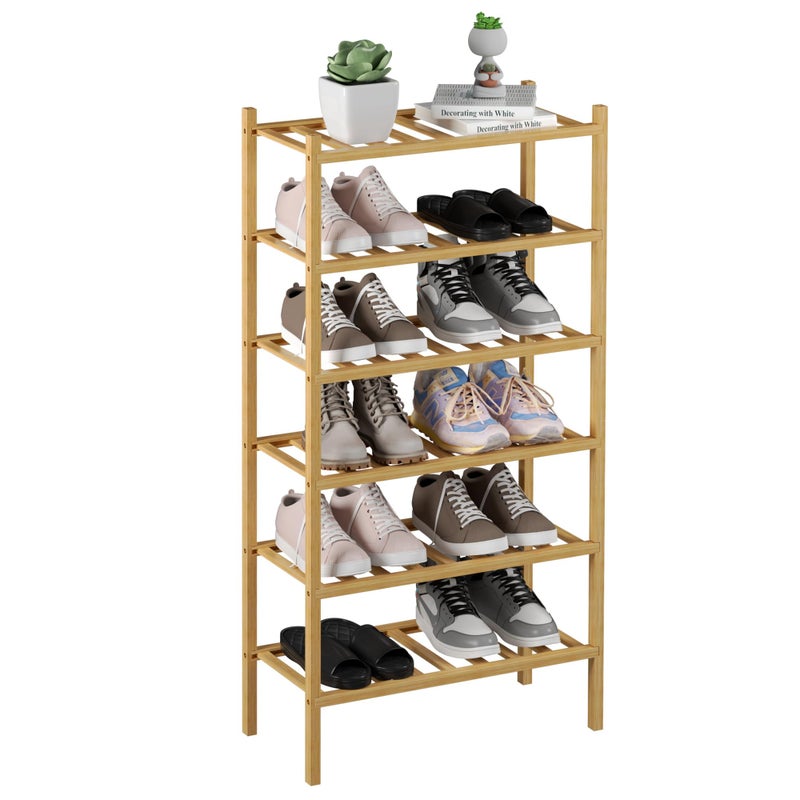ROMGUAR CRAFT 6Tier Bamboo Small Shoe Rack Free Standing Wood Shoe Shelf Storage Organizer for Closet Entryway Stackable Natural