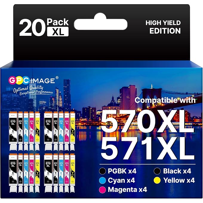 GPC IMAGE 570 571 Compatible for TS5050 Printer Cartridges for 571 570 for Pixma TS5050 MG5750 TS5055 MG6852 MG5753 TS6050 TS5053 MG5752 MG5751 (Pack of 20) Can vary