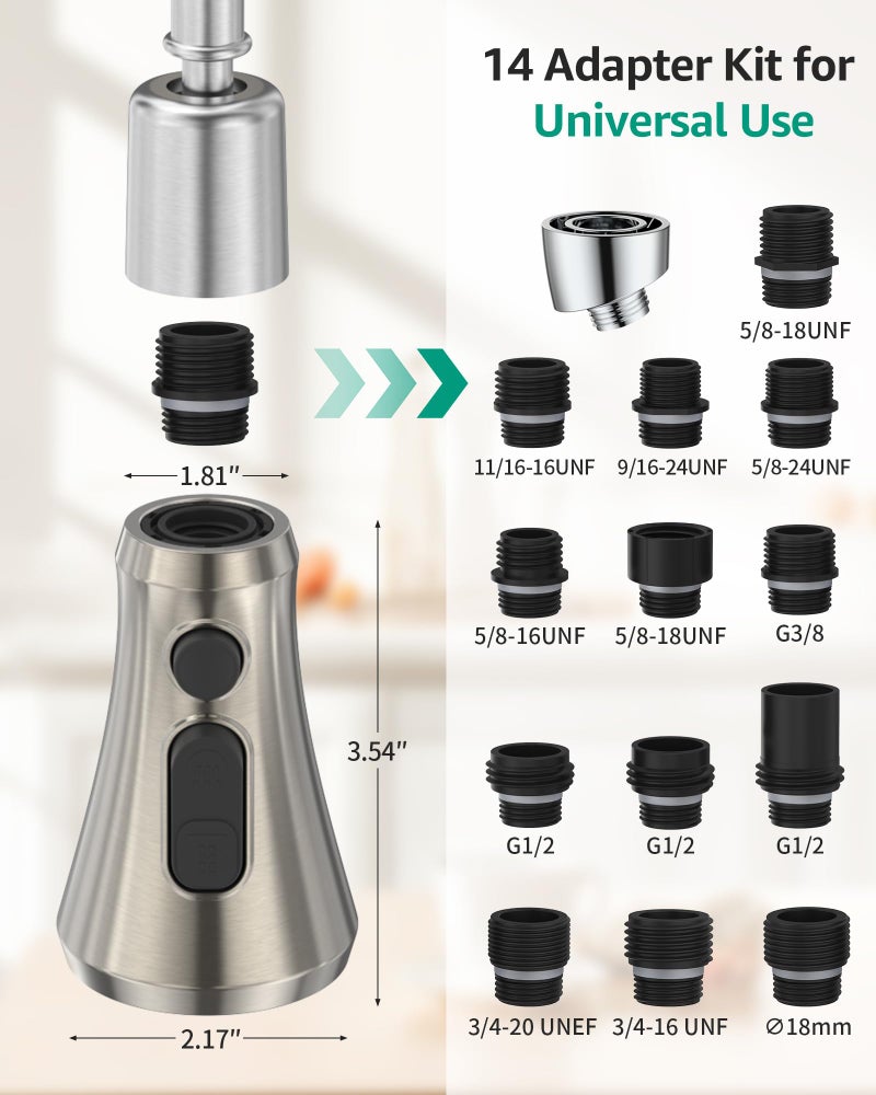 Mbillion Universal Brushed Nickel Kitchen Faucet Sprayer Head Replacement, 3 Function ABS Sink Faucet Head, Pull-Down Nozzle with 14 Adapters, Compatible with Moen,Delta,Kohler,WEWE American Standard - Image 2