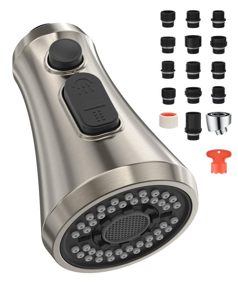 Mbillion Universal Brushed Nickel Kitchen Faucet Sprayer Head Replacement, 3 Function ABS Sink Faucet Head, Pull-Down Nozzle with 14 Adapters, Compatible with Moen,Delta,Kohler,WEWE American Standard - Image 1