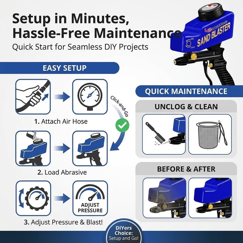 LE LEMATEC مجموعة مسدس الرمل المحمول LE LEMATEC لإزالة الصدأ ونقش الزجاج - تتطلب ضاغط هواء 150PSI 4+ CFM للأعمال التفصيلية والمشاريع الصغيرة - فوهة سيراميك زرقاء - Image 5