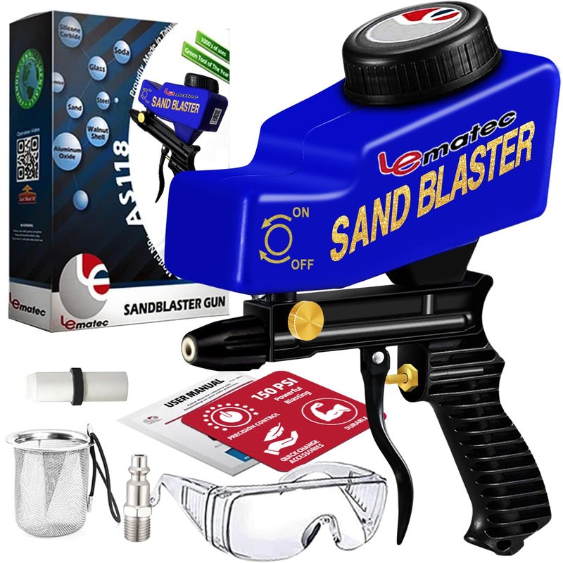LE LEMATEC مجموعة مسدس الرمل المحمول LE LEMATEC لإزالة الصدأ ونقش الزجاج - تتطلب ضاغط هواء 150PSI 4+ CFM للأعمال التفصيلية والمشاريع الصغيرة - فوهة سيراميك زرقاء - Image 1