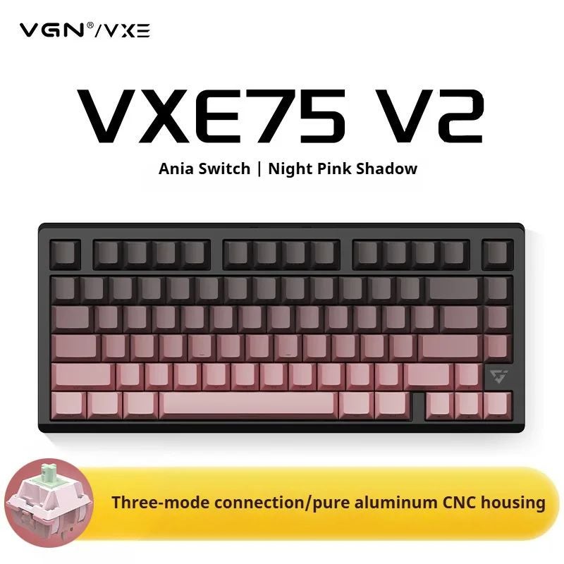 VGN Vxe75 V2 Aluminum Alloy Mechanical Gaming Keyboard, Three-Mode Bluetooth 2.4g Wired, Full-Key Gasket RGB Hot-Swappable, Black Pink - Image 1