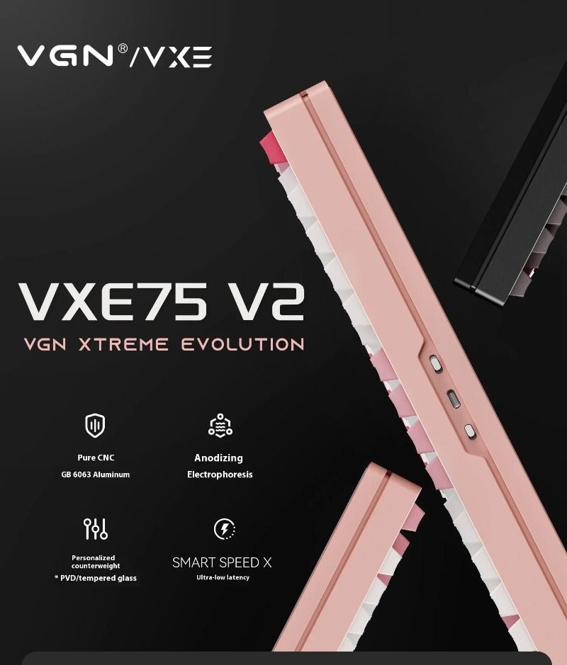 VGN Vxe75 V2 Aluminum Alloy Mechanical Gaming Keyboard, Three-Mode Bluetooth 2.4g Wired, Full-Key Gasket RGB Hot-Swappable, Black Pink - Image 2