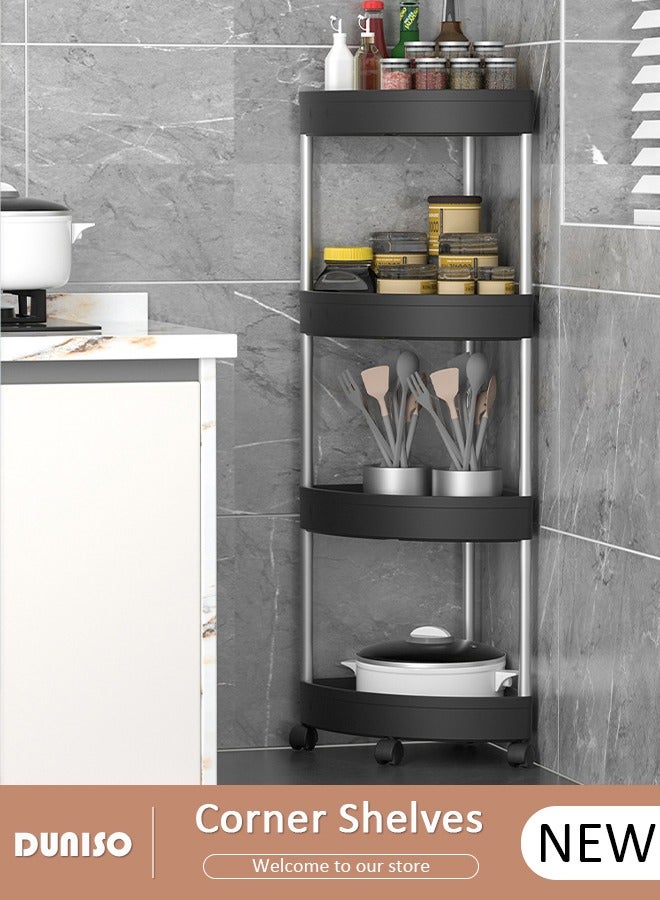 4-Layer Shower Caddy Corner Shelves, Bathroom Shelving Unit Cart with Wheel, Plastic Shower Caddy Organizer Shelf, Rust Proof Corner Open Storage Cart for Bathroom, Kitchen, Laundry
