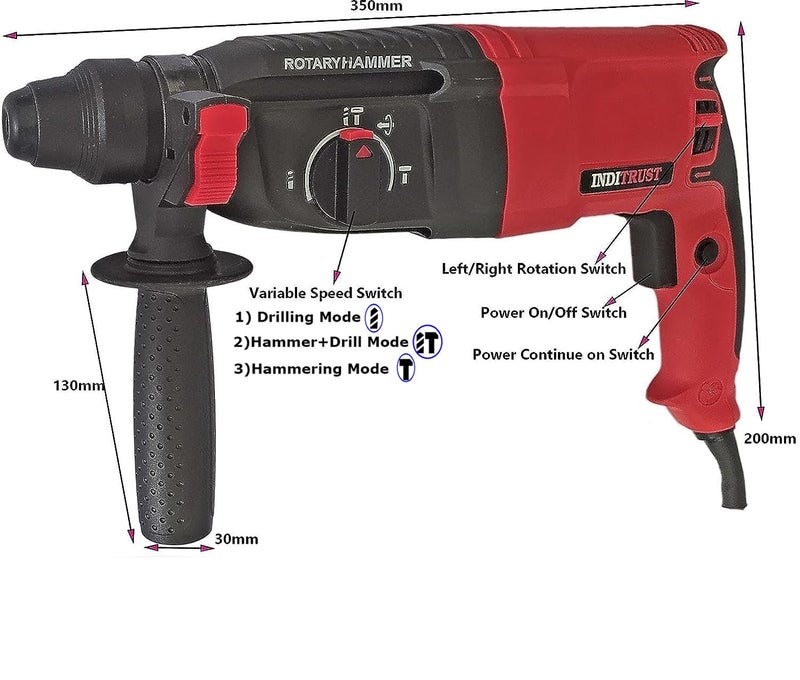 Inditrust إنديتراست 1250W مثقاب مطرقي كهربائي دوار 26 مم مع ريش SDS وملحقات، مجموعة من 1 مع ضمان 6 أشهر (أحمر) لفائف نحاسية 100% - Image 3