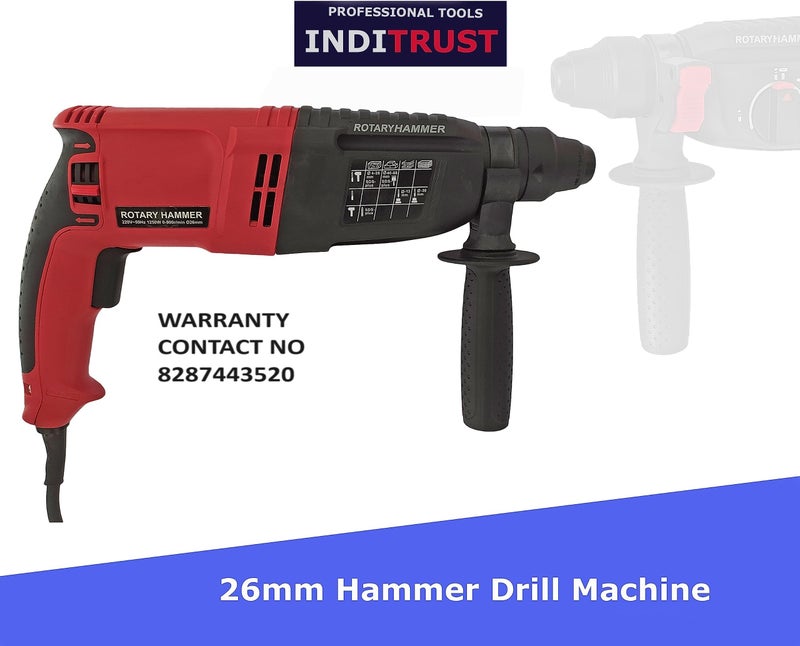 Inditrust إنديتراست 1250W مثقاب مطرقي كهربائي دوار 26 مم مع ريش SDS وملحقات، مجموعة من 1 مع ضمان 6 أشهر (أحمر) لفائف نحاسية 100% - Image 2