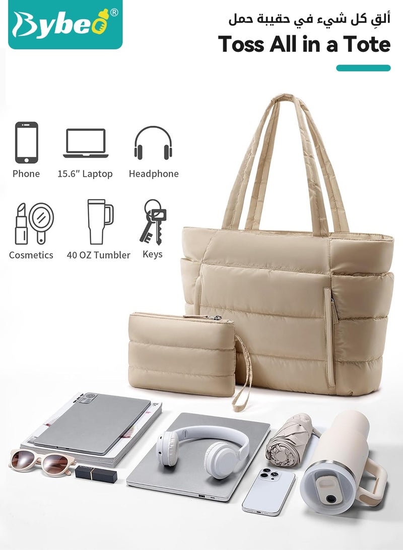 Bybeo Tote Bag for Women, Diaper Bag Tote, Puffy Tote Bag with Purse Bag,  Large Quilted Shoulder Bag with Multiple Compartments, Lightweight Laptop Bag, Waterproof Commuter Travel Tote for Travel, Work, Gym - Image 4