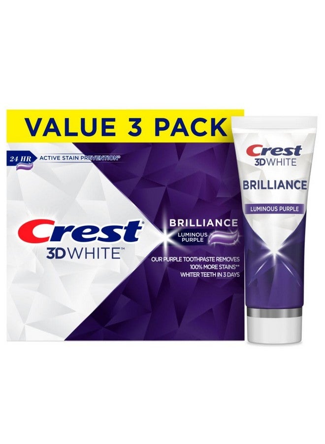 كرست معجون أسنان 3D White Brilliance Luminous Purple Teeth لتبييض الأسنان، عبوة من 3 قطع، 4.6 أونصة، معجون أسنان مضاد للتسوس بالفلورايد، يحارب البقع السطحية بنسبة 100%، يمنع البقع بفعالية لمدة 24 ساعة - Image 1