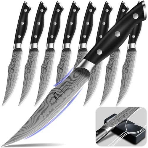 CoquusAid Steak Knives Set of 8, 4.8 Inch Straight Edge Ultra Sharp Durable Meat knives with Rest, High Carbon Stainless Steel Damascus Pattern Triple Rivet Handle, Ideal for Home Restaurant Party - Image 1