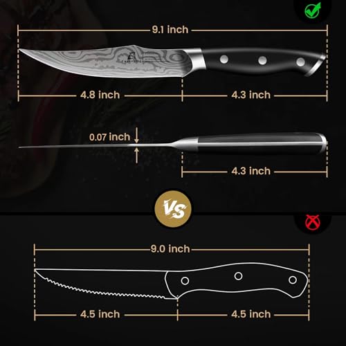 CoquusAid Steak Knives Set of 8, 4.8 Inch Straight Edge Ultra Sharp Durable Meat knives with Rest, High Carbon Stainless Steel Damascus Pattern Triple Rivet Handle, Ideal for Home Restaurant Party - Image 5