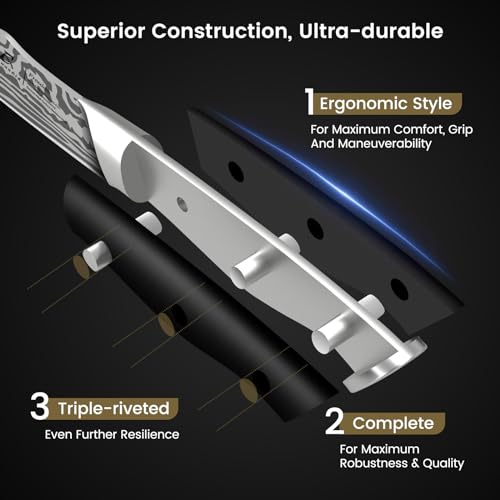 CoquusAid Steak Knives Set of 8, 4.8 Inch Straight Edge Ultra Sharp Durable Meat knives with Rest, High Carbon Stainless Steel Damascus Pattern Triple Rivet Handle, Ideal for Home Restaurant Party - Image 4