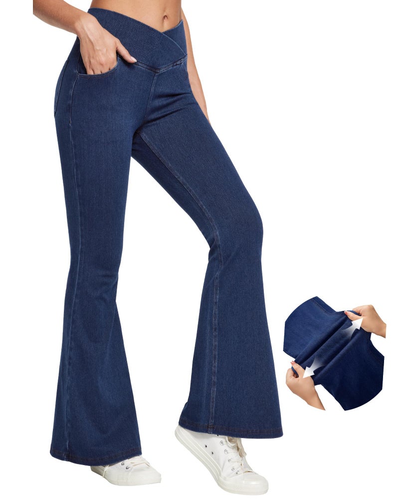 IUGA Stretchy Jeans for Women Bell Bottom Jeans V Cross High Waisted Jeggings Pull On Wide Leg Sweatpant Jean Flare Leggings(Dark Blue, X-Large) - Image 1