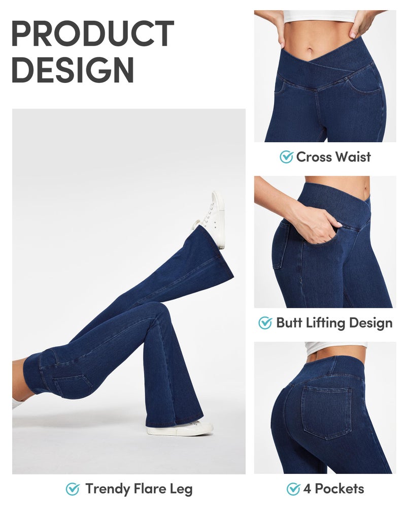 IUGA Stretchy Jeans for Women Bell Bottom Jeans V Cross High Waisted Jeggings Pull On Wide Leg Sweatpant Jean Flare Leggings(Dark Blue, X-Large) - Image 4