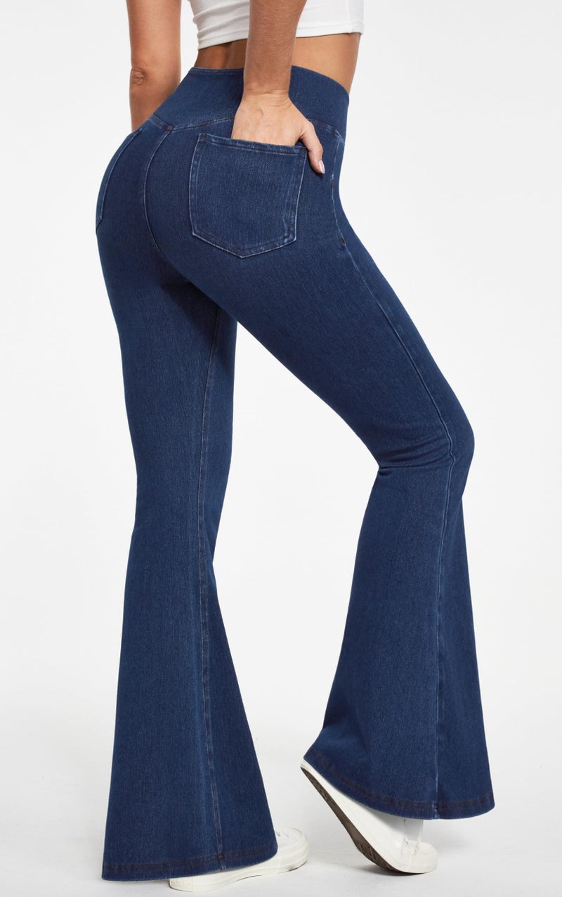 IUGA Stretchy Jeans for Women Bell Bottom Jeans V Cross High Waisted Jeggings Pull On Wide Leg Sweatpant Jean Flare Leggings(Dark Blue, X-Large) - Image 2