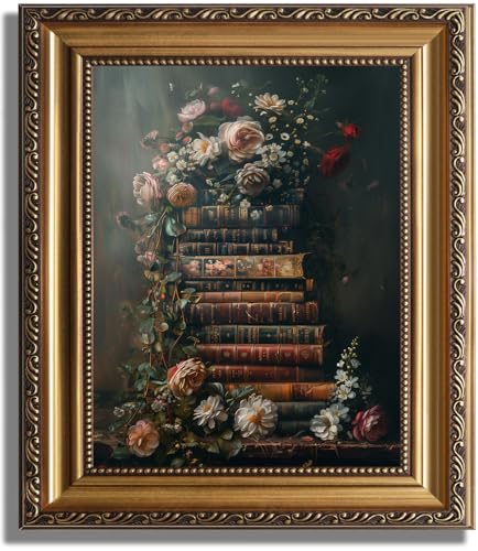 ASTRDECOR Framed Vintage Floral Wall Art Moody Flowers Books Art Oil Painting Vintage Wildflowers Dark Academia Floral Gallery Wall Decor Picture Rustic Country Canvas Decor for Living Room Office 9x12 - Image 1