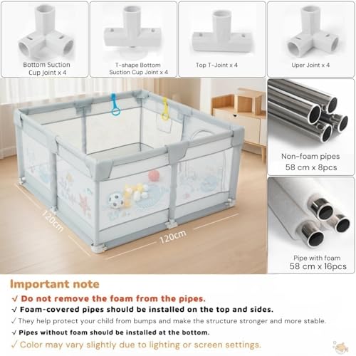 Dawnwake 120x120 cm Playpen for Baby up to 3 Years with Safety Lock & Anti-Fall Grasp Rings (No Ball/No Mat, Non-Foldable) - Grey - Image 4