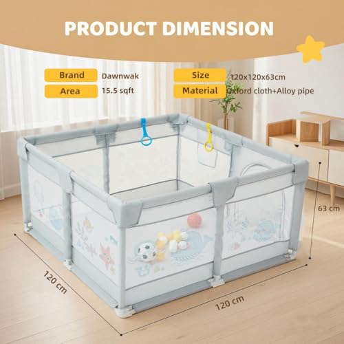 Dawnwake 120x120 cm Playpen for Baby up to 3 Years with Safety Lock & Anti-Fall Grasp Rings (No Ball/No Mat, Non-Foldable) - Grey - Image 2
